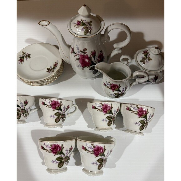 Vintage Demitasse Set 17 Pieces Nasco Del Coronado Japanese Porcelain Rose Moss
